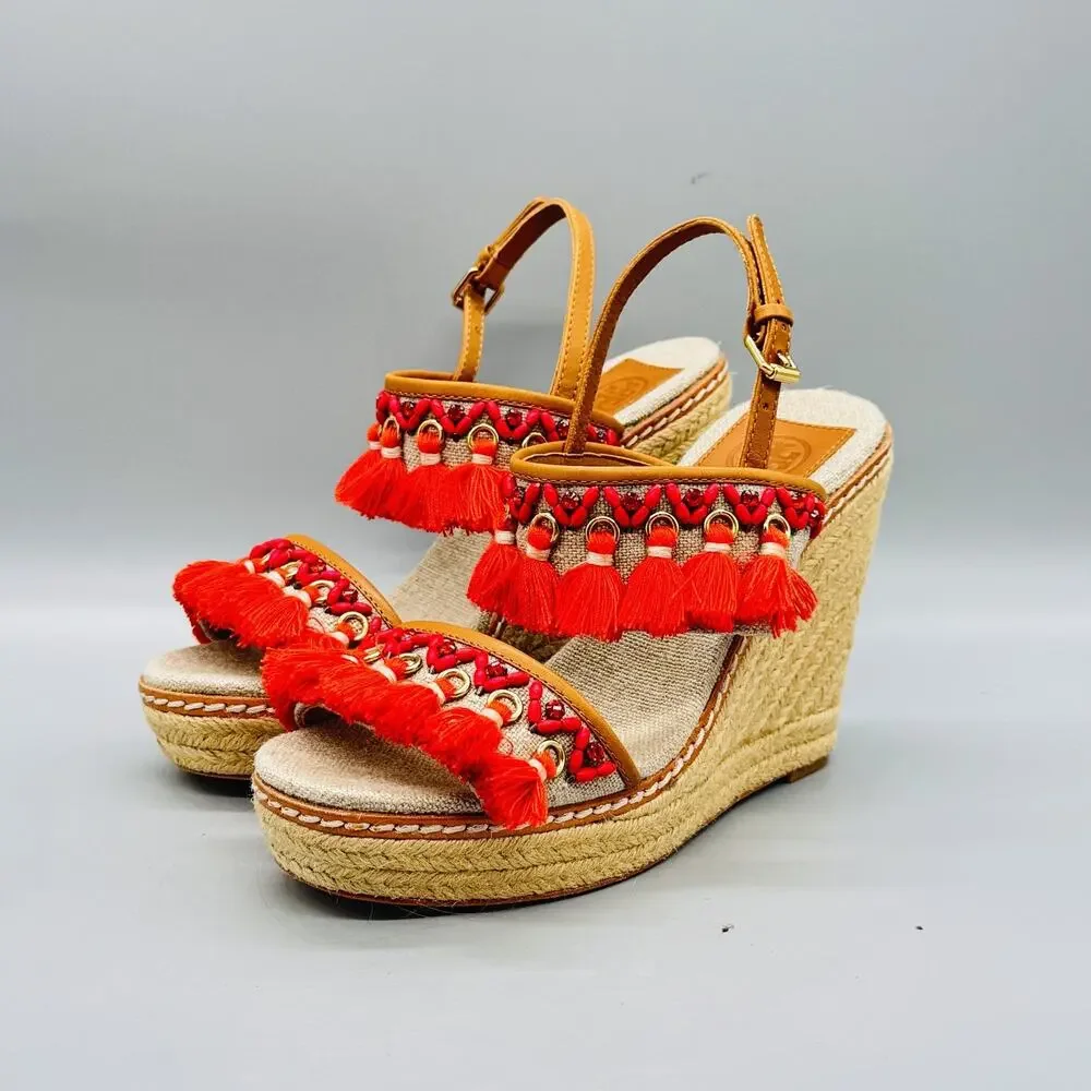 Tory Burch Sandals Womens 7.5 Beige Linen Espadrille Platform Wedge Tassel Shoes - Picture 3 of 11